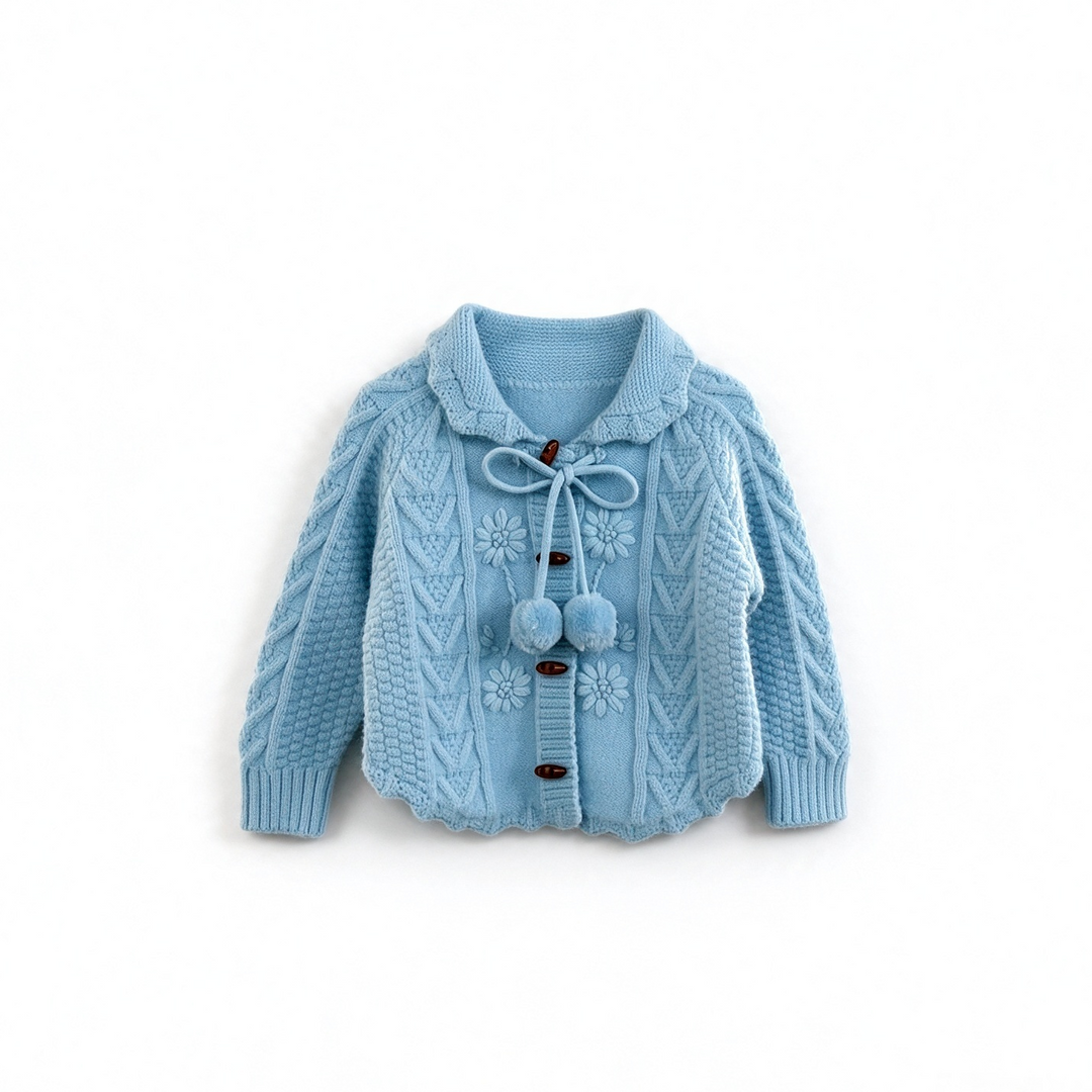Baby Girl Cable Knit Pom Pom Cardigan Jacquard Knit Sweater Coat