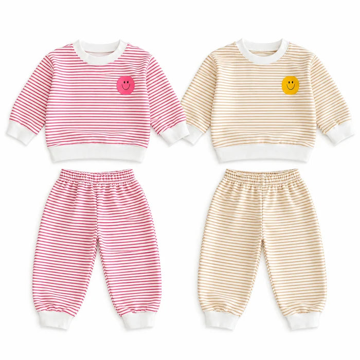 Girls Smiley Face Sweatshirt &amp; Pants Set Stripe Outfit