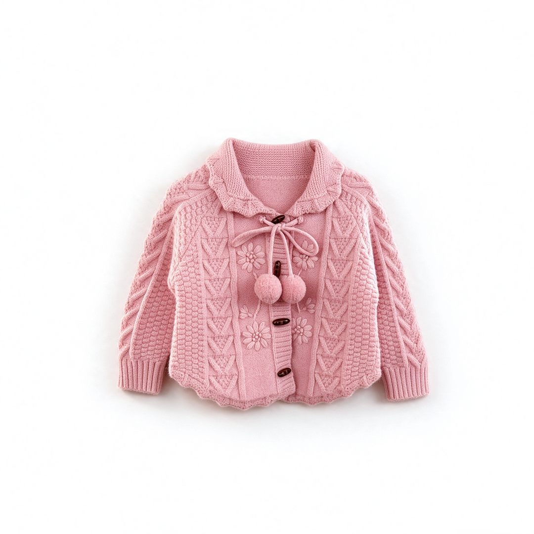 Baby Girl Cable Knit Pom Pom Cardigan Jacquard Knit Sweater Coat