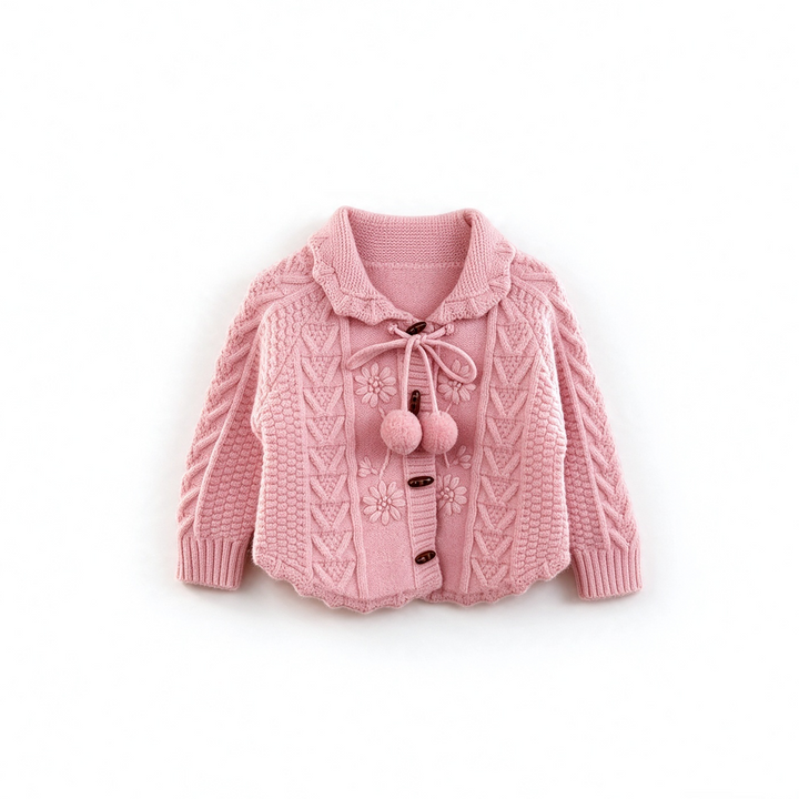 Baby Girl Cable Knit Pom Pom Cardigan Jacquard Knit Sweater Coat