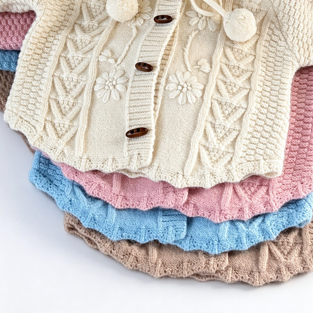Baby Girl Cable Knit Pom Pom Cardigan Jacquard Knit Sweater Coat