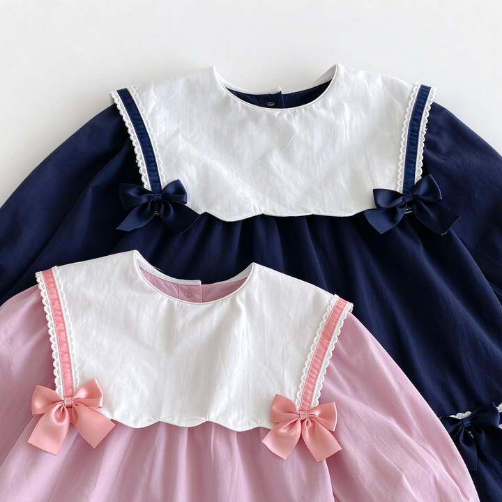 Baby Girl Ruffle Collar Flare Hem Princess Dress with Bow Decoration