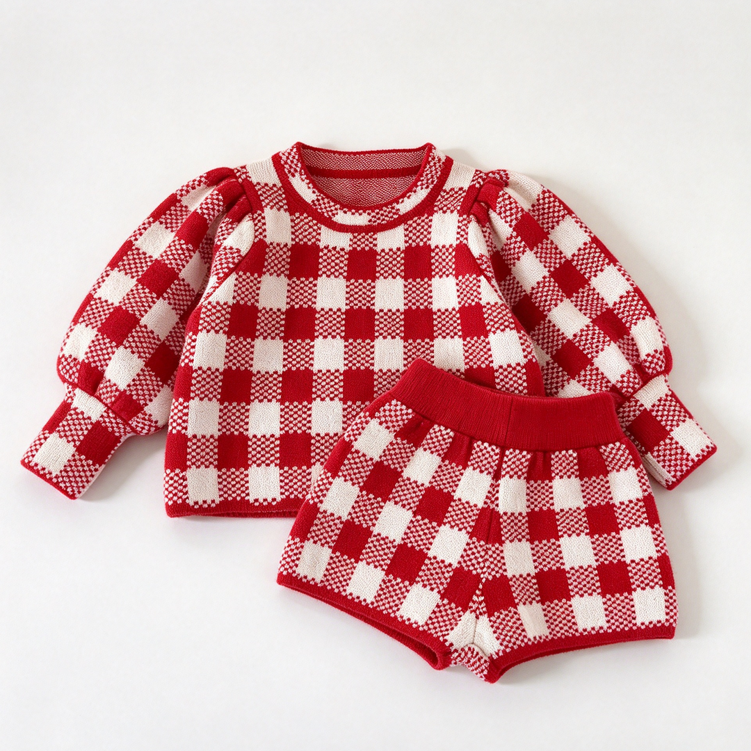 Baby Girl Christmas Gingham Plaid Knitted Pullover Sweater and Shorts 2PCS Set