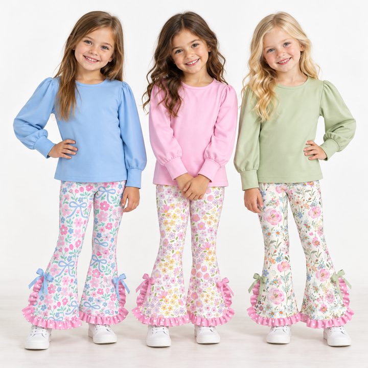 Girls Puff Sleeve Top and Floral Ruffle Bell Bottom Pants Set