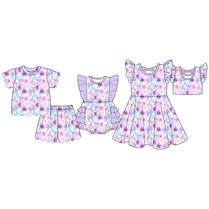 Girls' purple floral printed ruffle dress summer sibling outfits