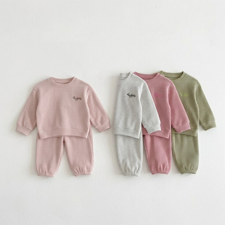Kids Waffle Knit Sweatshirt &amp; Matching Pants Loungewear 2-Piece Outfit
