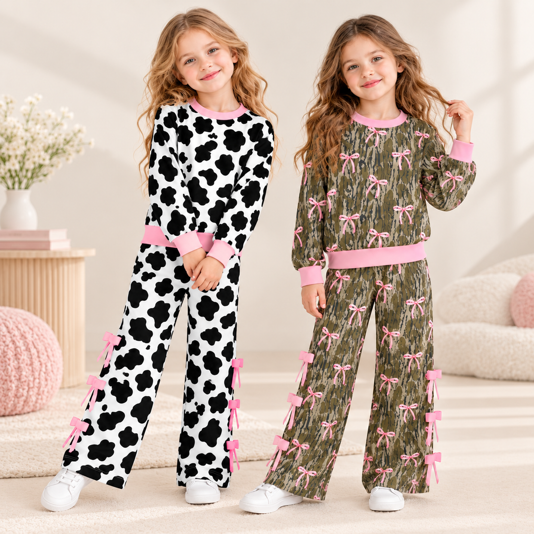Girls Color-Block Sweatshirt & Wide Leg Bow Pants Set
