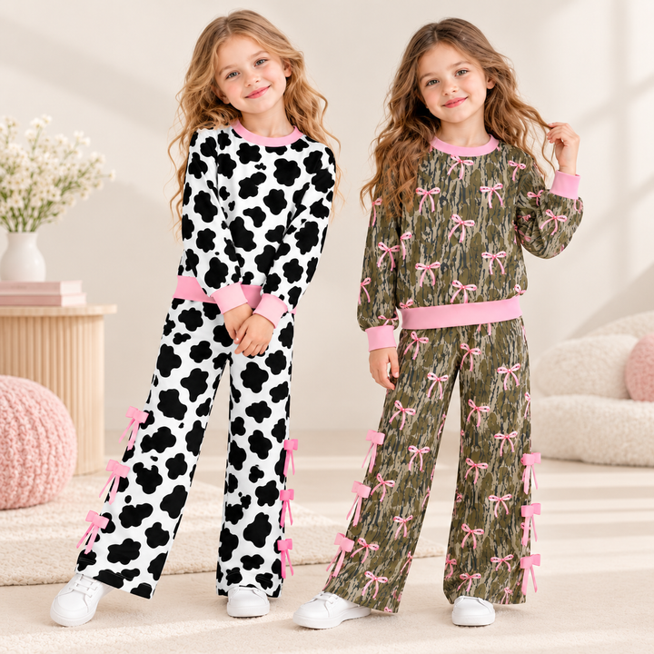Girls Color-Block Sweatshirt & Wide Leg Bow Pants Set