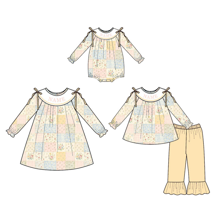 Personalized Name Embroidery Floral Patchwork Dress Romper Sibling outfits