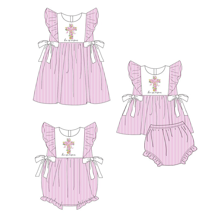 Pink stripe floral cross embroidery sibling outfits for Easter