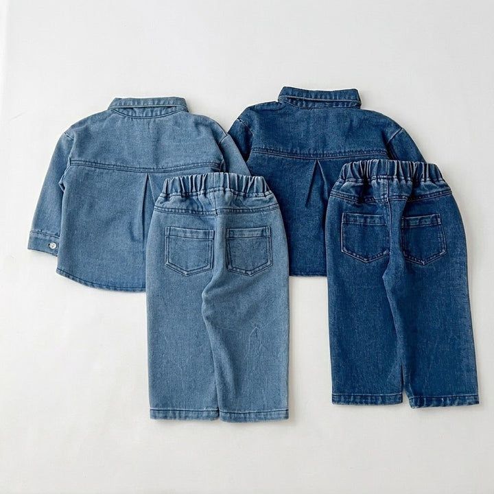 Kids Denim Button-Down Long Sleeve Shirt Top &amp; Jeans Pants Outfits
