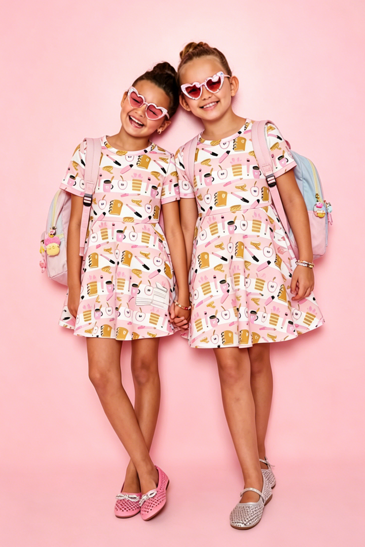 Back To School Girls short sleeved printed twirly dress