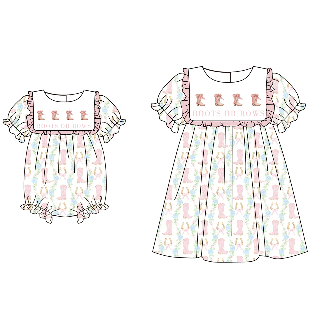 Girls’ Short-Sleeve Ruffle Dress with Boots&Bows embroidery