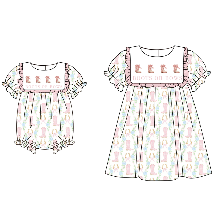 Girls’ Short-Sleeve Ruffle Dress with Boots&Bows embroidery