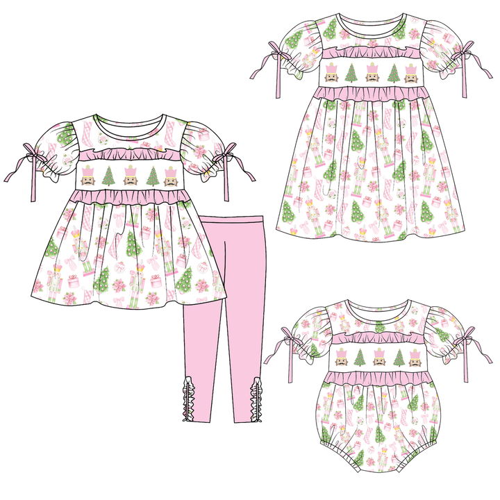 Personalized Christmas Nutcracker pink embroidery dress holiday sisters outfits