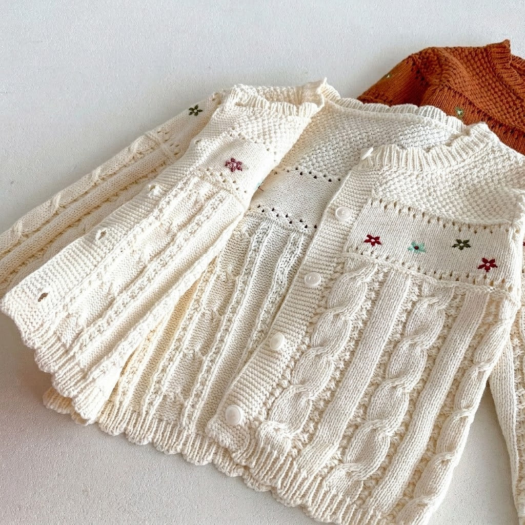 Embroidered Flower Cable Knit Sweater for baby girls
