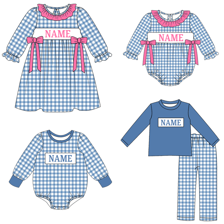 Personalized Custom Name Blue Gingham Plaid Sibling Matching Outfits