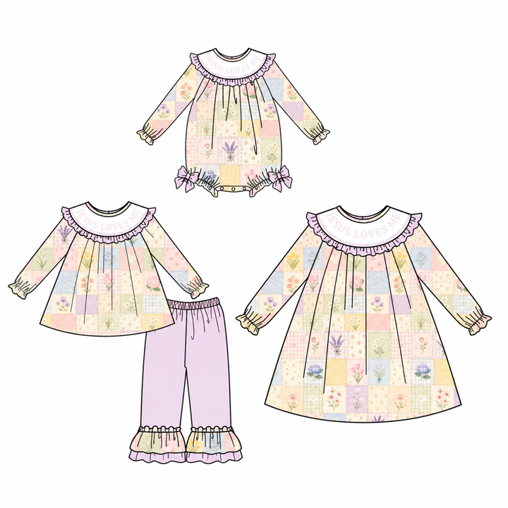 Personalized Name Baby Girls Pastel Patchwork Floral Sibling Outfits