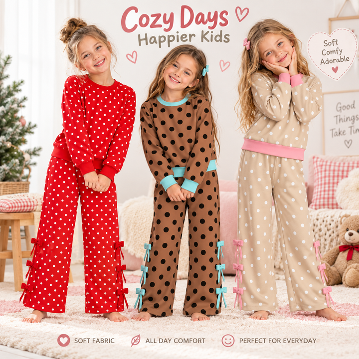 Girls Polka Dot Pullover Sweatshirt&Bowknot Bottom Pants