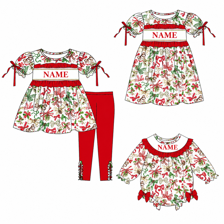 Girls' Christmas Bow Print Holly Embroideried Ruffle Dress