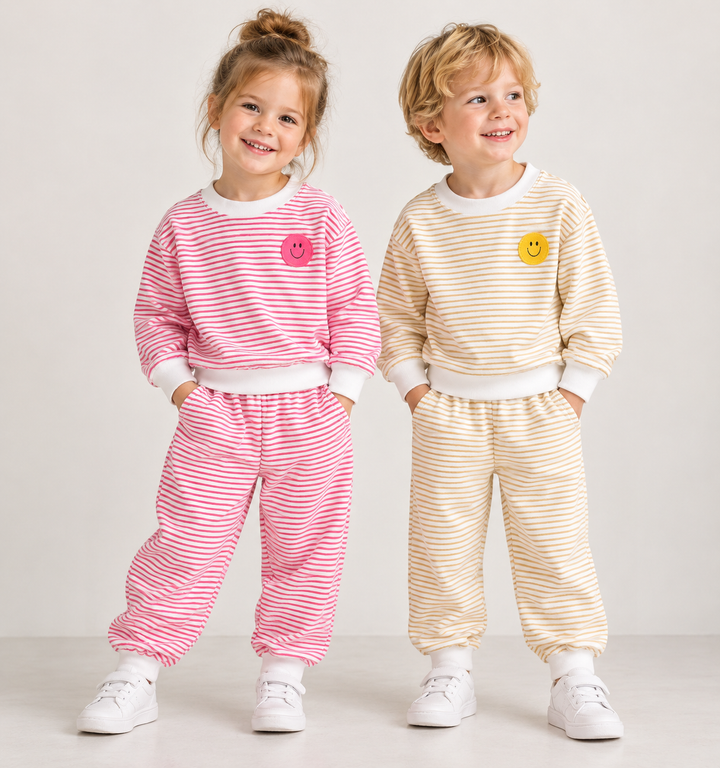 Girls Smiley Face Sweatshirt &amp; Pants Set Stripe Outfit