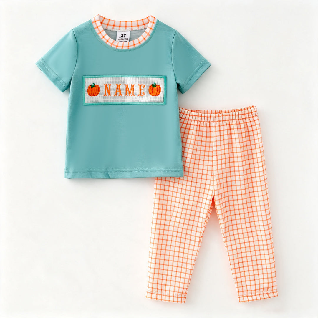 Custom Embroidery Name Orange Plaid Pumpkin Sibling Clothing Collection