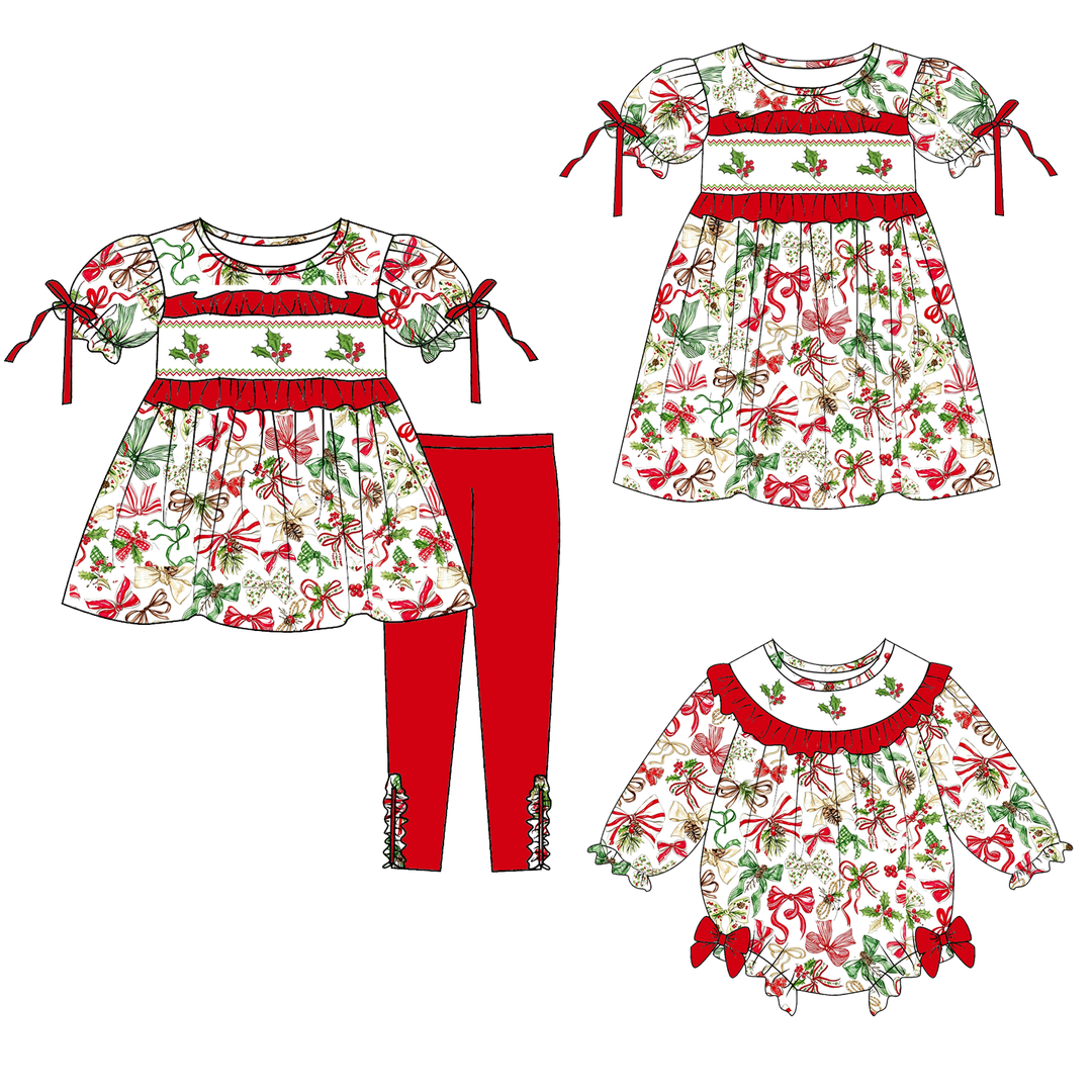 Girls' Christmas Bow Print Holly Embroideried Ruffle Dress