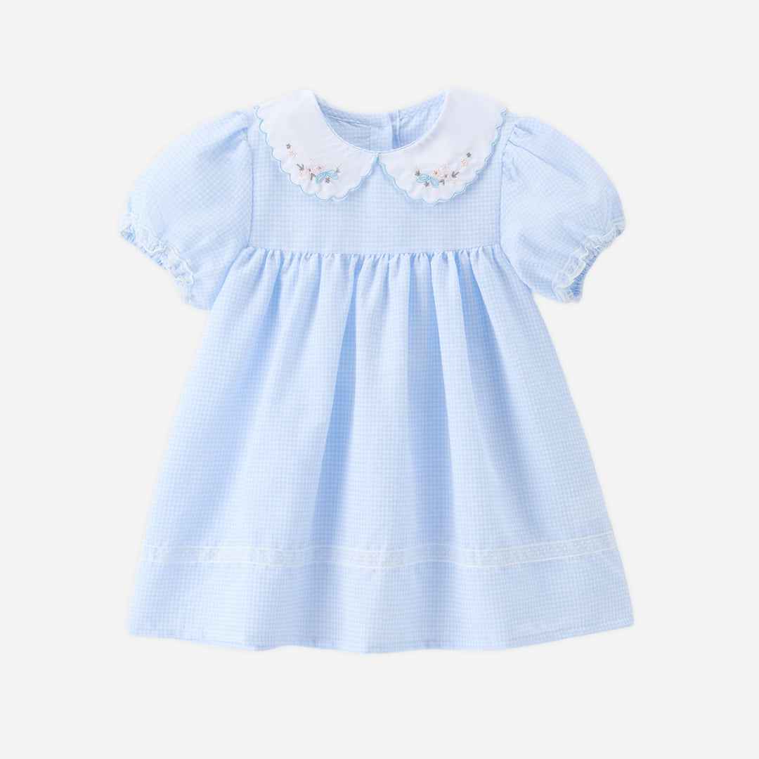 Girls flower embroidered blue plaid dress