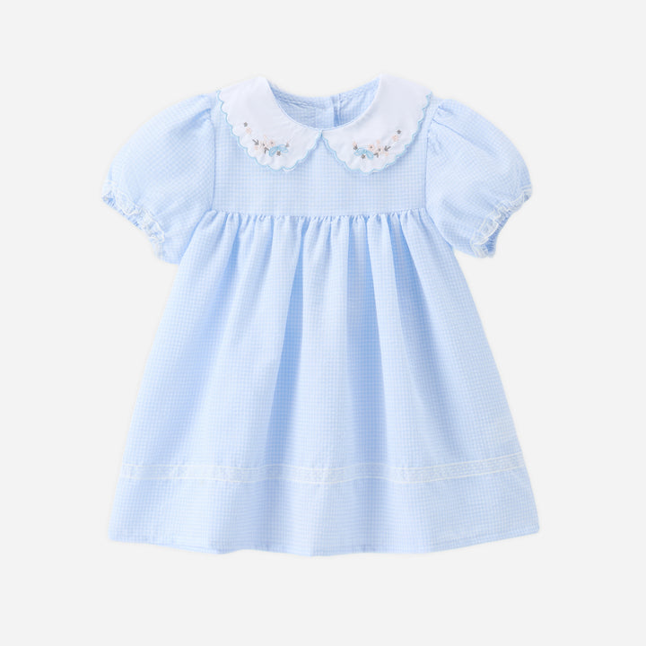 Girls flower embroidered blue plaid dress