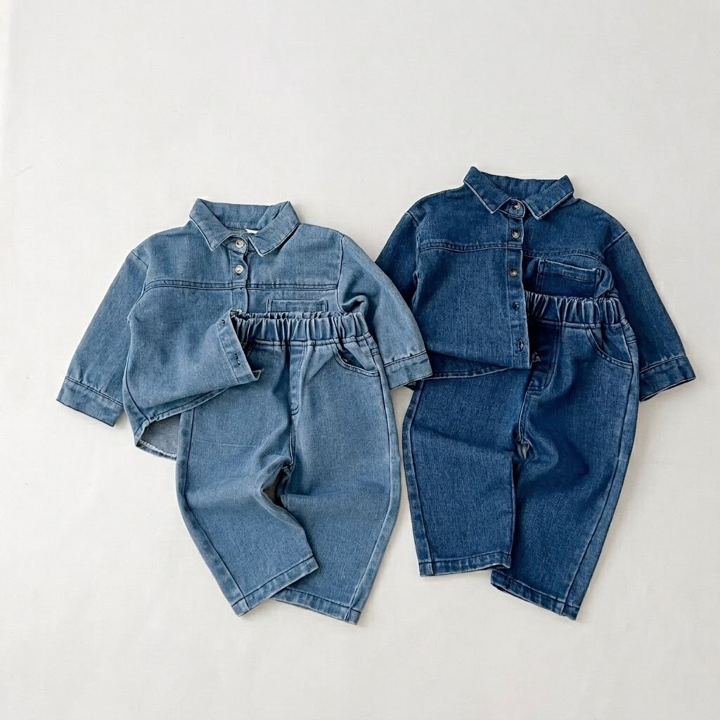 Kids Denim Button-Down Long Sleeve Shirt Top &amp; Jeans Pants Outfits