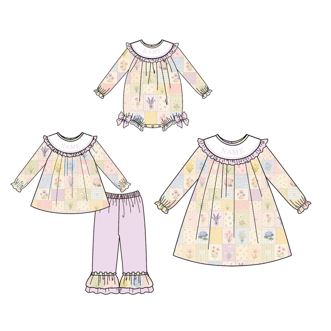 Personalized Name Baby Girls Pastel Patchwork Floral Sibling Outfits