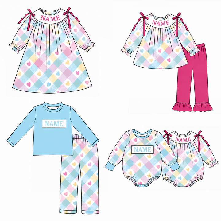 Personalized Pastel Heart Plaid Sibling Outfits Custom Name Valentine&