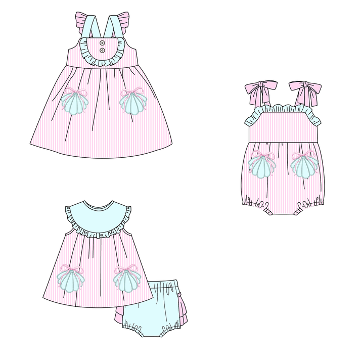 Pink&teal shell embroidery applique sibling outfits for summer