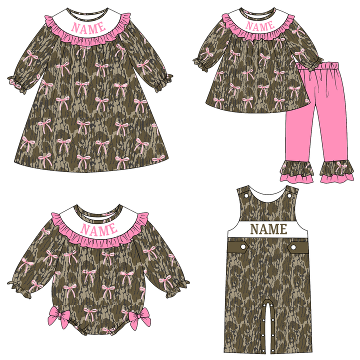 Personalized Custom Name Camo Bow Sibling Matching Outfits