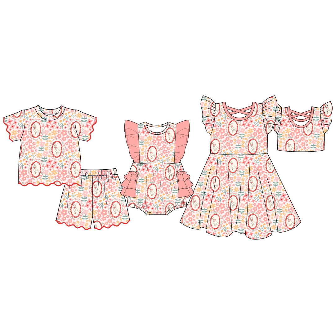 Girls' peach floral goose printed summer sibling outfits