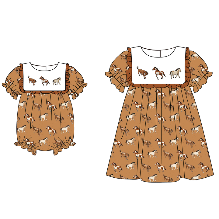 Western cool girls horse embroidery dress&romper for sisters