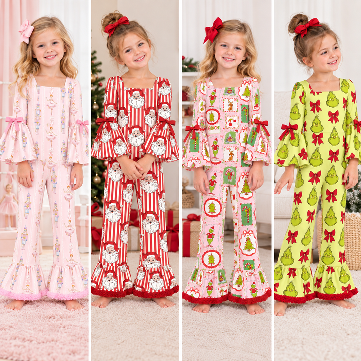 Girls Christmas Cartoon Monster Jumpsuit Bell Bottom Ruffle Sleeve Romper