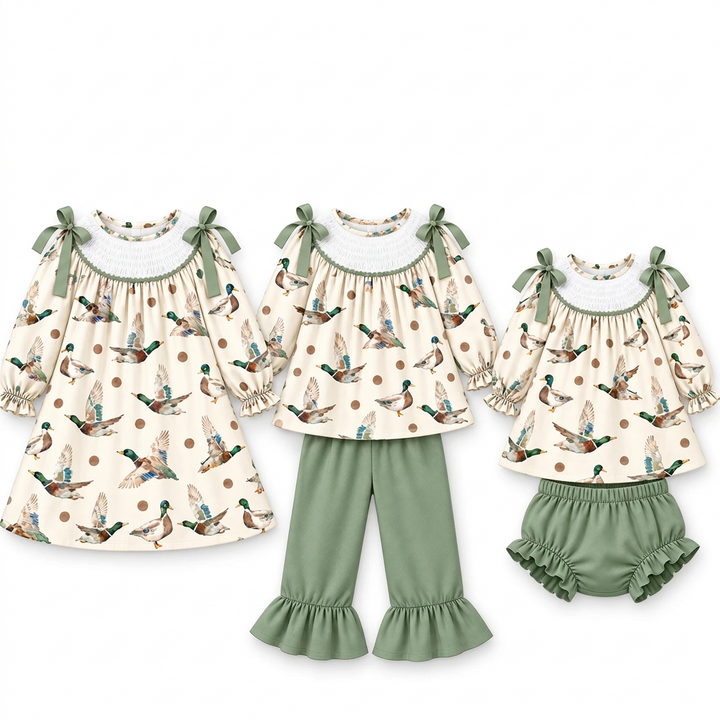 Personalized Custom Name Mallard Duck Print Dress Smocked Outfits Collection