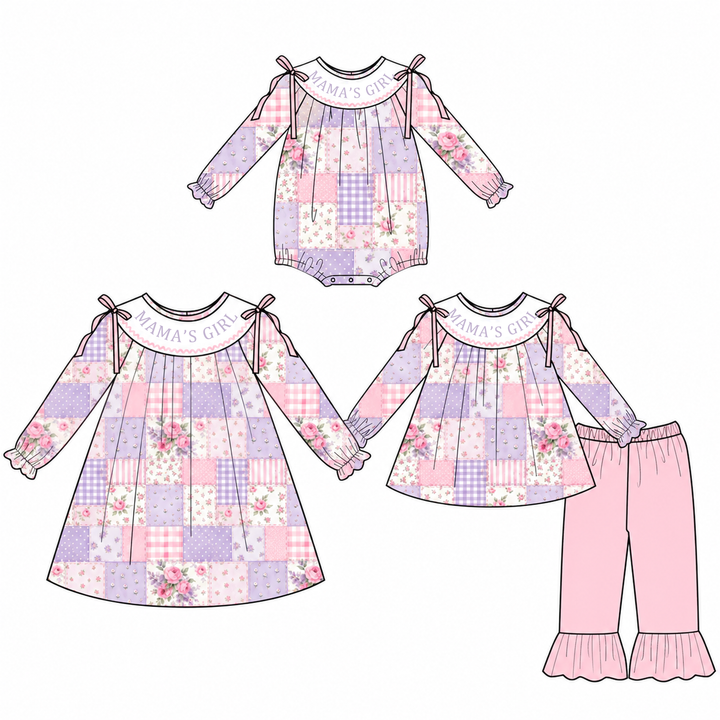 Personalized Baby Girls Floral Patchwork Long Sleeve Dress Bubble Romper
