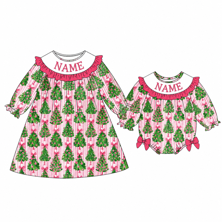 Personalized Christmas Tree Pink Ruffle Embroidered Dress