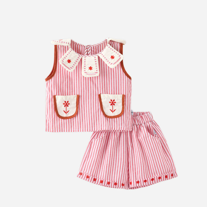 Girls' summer coral red striped floral embroidered 2pcs set