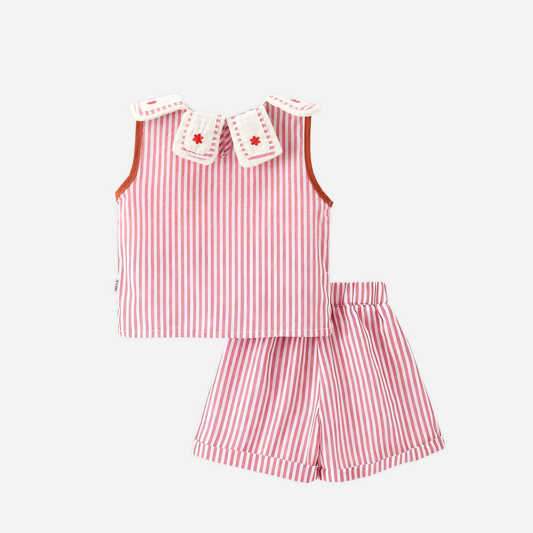 Girls' summer coral red striped floral embroidered 2pcs set