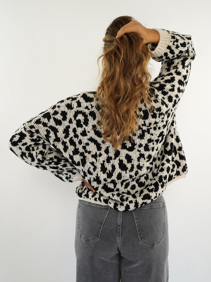 Crew neck tie leopard print knit cardigan sweater coat