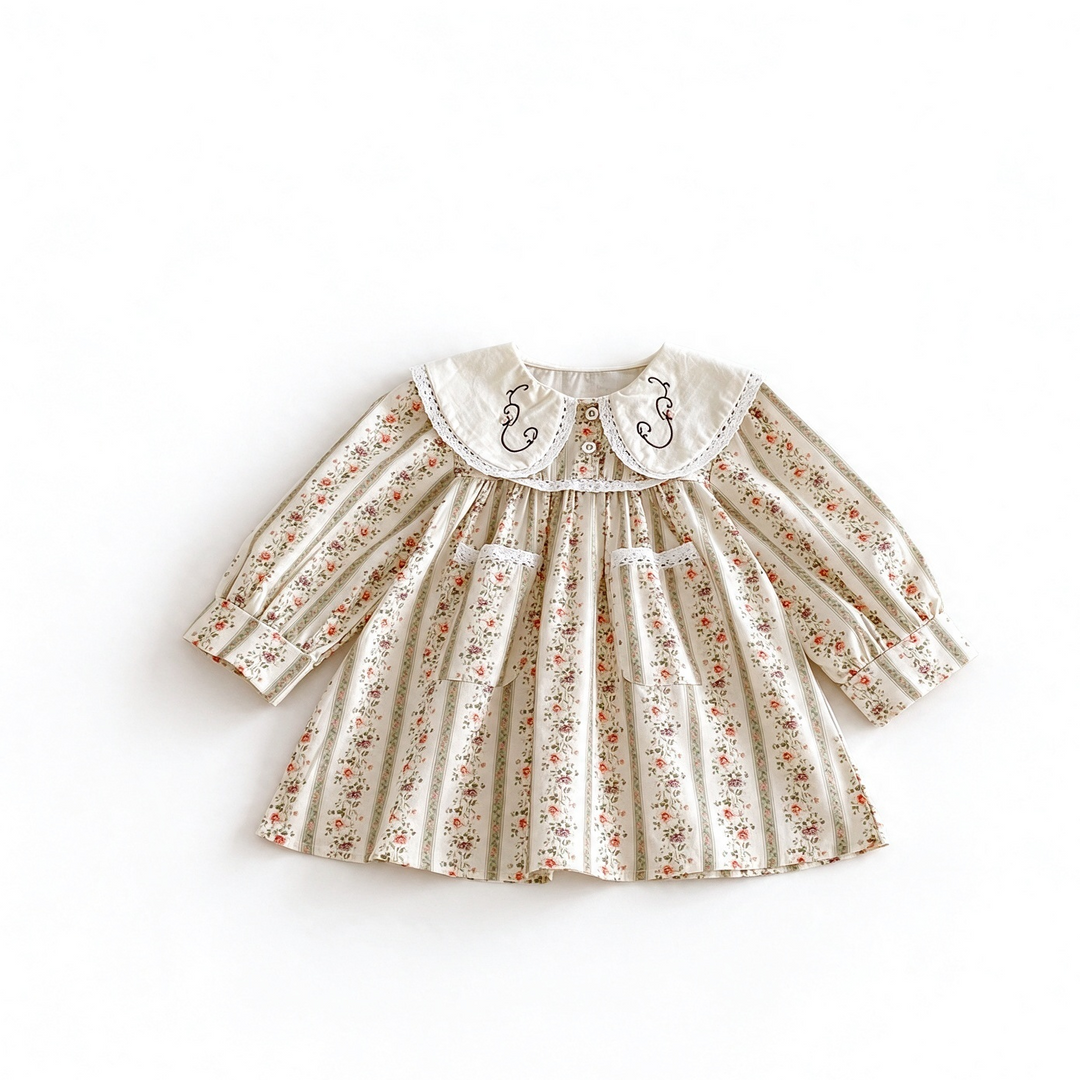 Girl Floral Embroidery Long Sleeve Dress with Lace Pockets