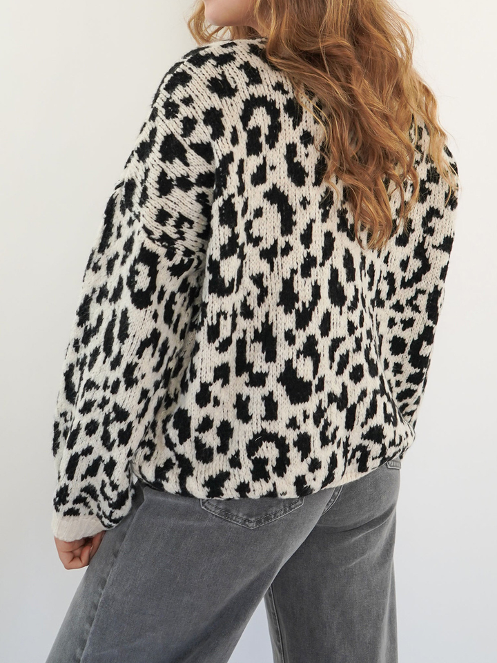 Crew neck tie leopard print knit cardigan sweater coat