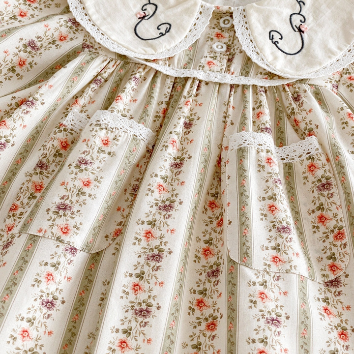 Girl Floral Embroidery Long Sleeve Dress with Lace Pockets