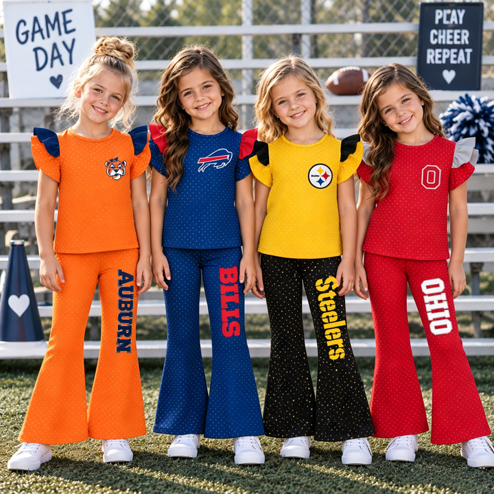 Girls Game Day Football Team Ruffle Top &Flare Pants 2PCS SET