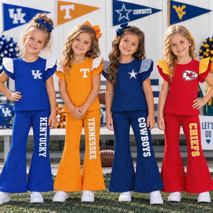 Girls Game Day Football Team Ruffle Top &Flare Pants 2PCS SET