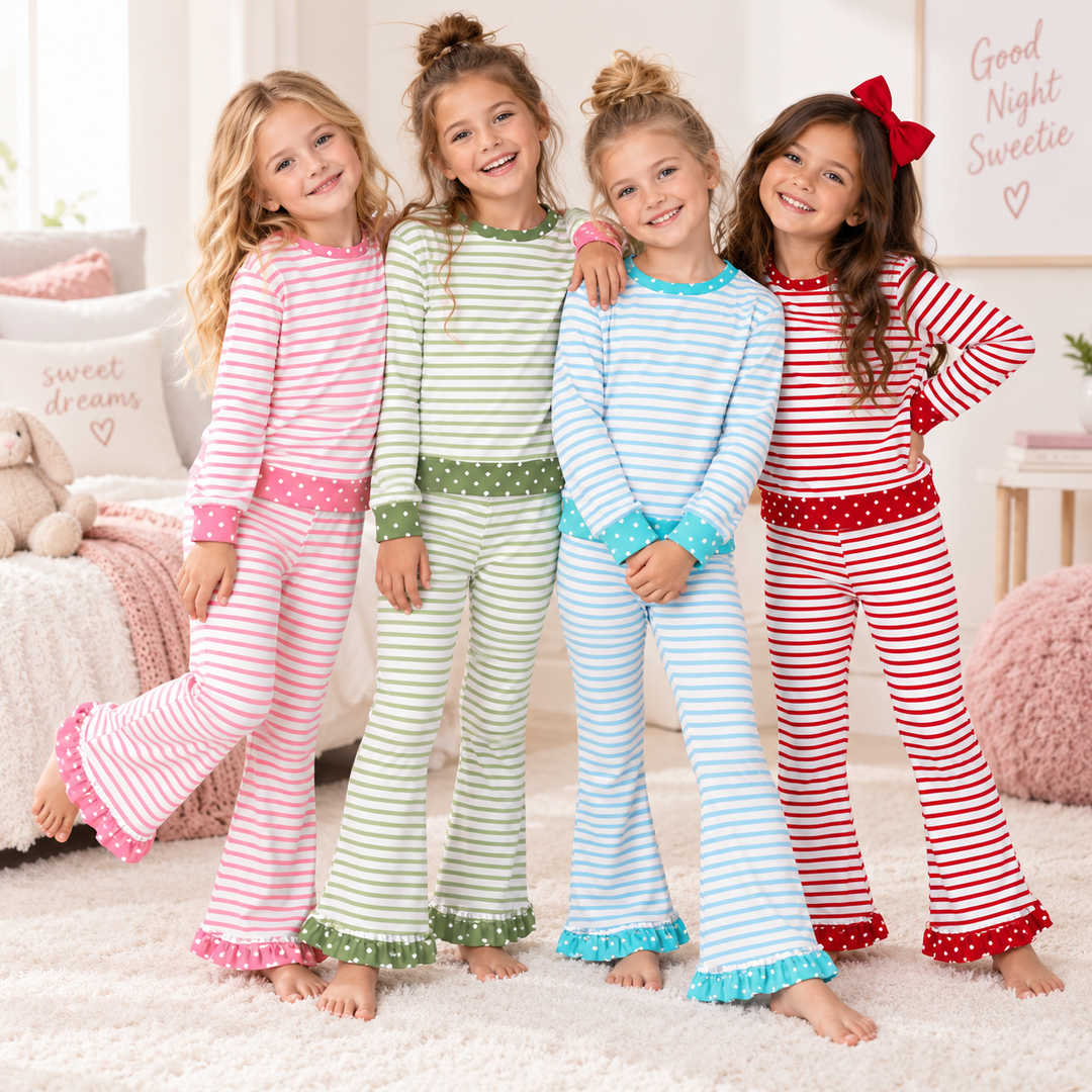 Girls Striped Sweatshirt Top&Ruffle Flare Pants 2PCS Loungewear Outfit