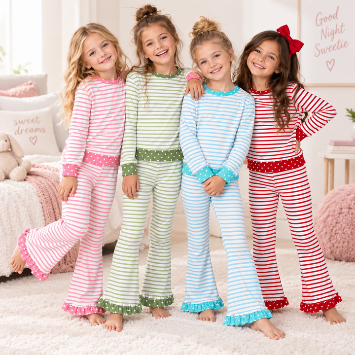 Girls Striped Sweatshirt Top&Ruffle Flare Pants 2PCS Loungewear Outfit